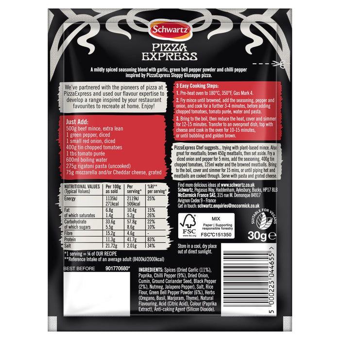 The back of a black Schwartz packet of Sa Pe Spicy Beef Pepper Pasta seasoning mix is displayed, showing the cooking instructions, nutritional information, and ingredients list.
