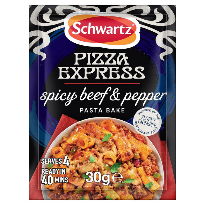 A 30 gram packet of Schwartz Pizza Express Sa Pe Spicy Beef Pepper Pasta bake seasoning mix inspired by the Sloppy Giuseppe restaurant pizza.
