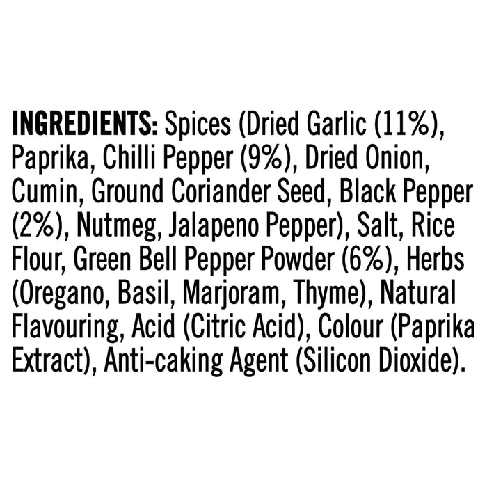 The ingredients list for Sa Pe Spicy Beef Pepper Pasta is displayed in bold, black text, detailing components such as spices, herbs, and natural flavouring.