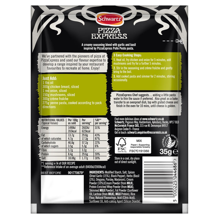 The back of a Schwartz Pizza Express Sa Pe Garlicbasil Creamy Pasta seasoning packet, displaying the ingredients, nutritional information, and cooking instructions.