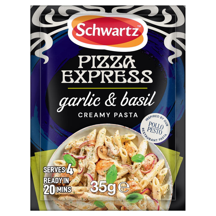 A 35g packet of Schwartz Pizza Express Sa Pe Garlicbasil Creamy Pasta seasoning mix featuring a bowl of penne pasta with chicken and mushrooms.