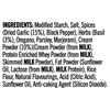 The ingredients list for Sa Pe Garlicbasil Creamy Pasta, detailing components such as modified starch, spices, herbs, and various powders derived from milk.