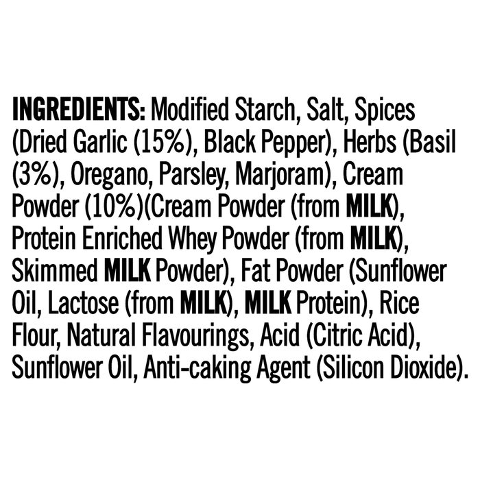 The ingredients list for Sa Pe Garlicbasil Creamy Pasta, detailing components such as modified starch, spices, herbs, and various powders derived from milk.