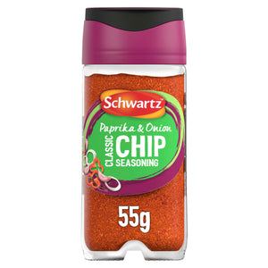 A clear glass jar of Schwartz Paprika & Onion Classic Chip Seasoning 55G featuring a vibrant green and purple label with illustrations of onion and peppers.