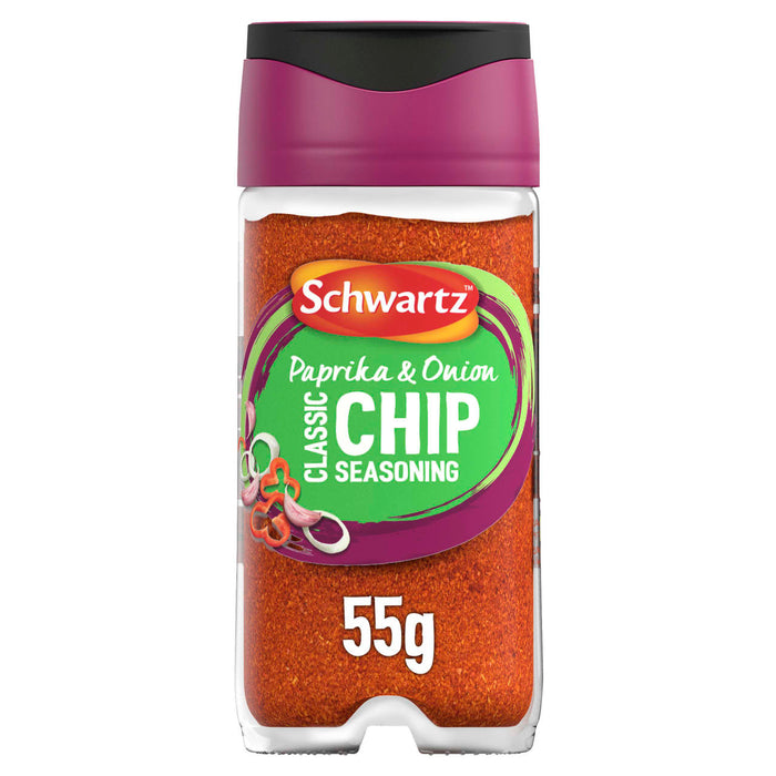 A clear glass jar of Schwartz Paprika & Onion Classic Chip Seasoning 55G featuring a vibrant green and purple label with illustrations of onion and peppers.