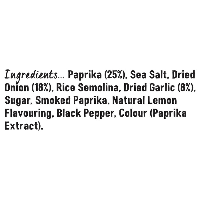 A detailed list of ingredients for Schwartz Paprika & Onion Classic Chip Seasoning 55G including paprika, sea salt, dried onion, rice semolina, dried garlic, sugar, smoked paprika, natural lemon flavoring, black pepper, and paprika extract.