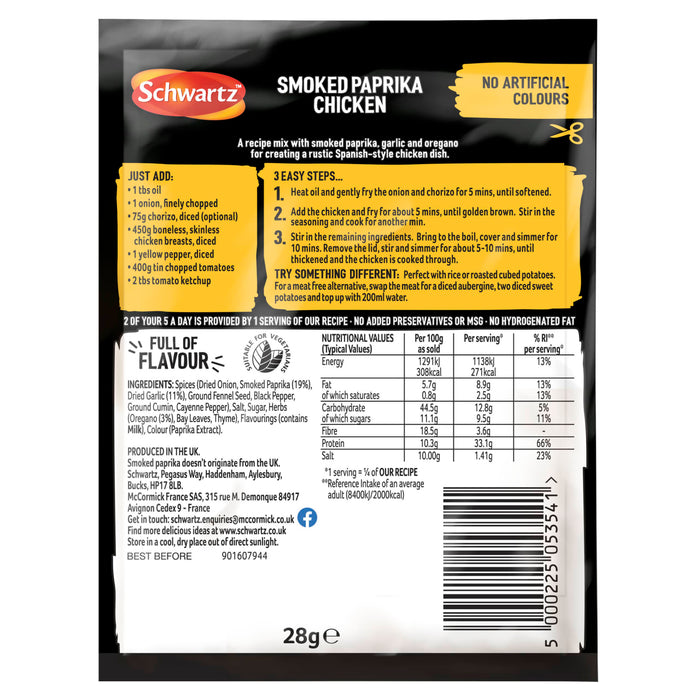 The back of a Schwartz Smoked Paprika Chicken 28G recipe mix packet provides detailed cooking instructions, a list of required ingredients, and a nutritional information table.