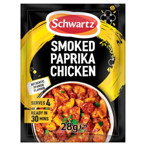 A 28g packet of Schwartz Smoked Paprika Chicken 28G seasoning mix featuring a vibrant yellow brushstroke design and a bowl of prepared chicken with peppers and chorizo.