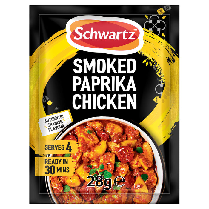 A 28g packet of Schwartz Smoked Paprika Chicken 28G seasoning mix featuring a vibrant yellow brushstroke design and a bowl of prepared chicken with peppers and chorizo.