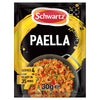 A packet of Schwartz Paella 30G seasoning mix featuring a vibrant illustration of a traditional Spanish rice dish with shrimp and chorizo in a pan.
