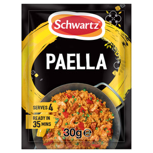 A packet of Schwartz Paella 30G seasoning mix featuring a vibrant illustration of a traditional Spanish rice dish with shrimp and chorizo in a pan.