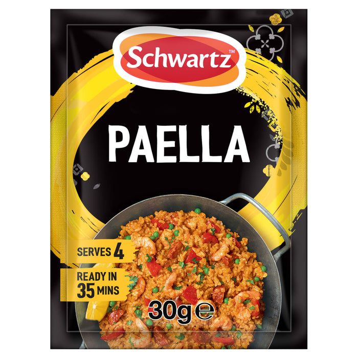 A packet of Schwartz Paella 30G seasoning mix featuring a vibrant illustration of a traditional Spanish rice dish with shrimp and chorizo in a pan.