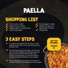 An infographic recipe for a seafood and chorizo dish featuring the Schwartz Paella 30G seasoning mix with a shopping list and three easy cooking steps.