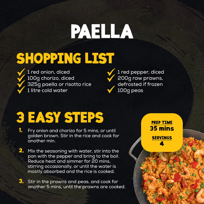 An infographic recipe for a seafood and chorizo dish featuring the Schwartz Paella 30G seasoning mix with a shopping list and three easy cooking steps.