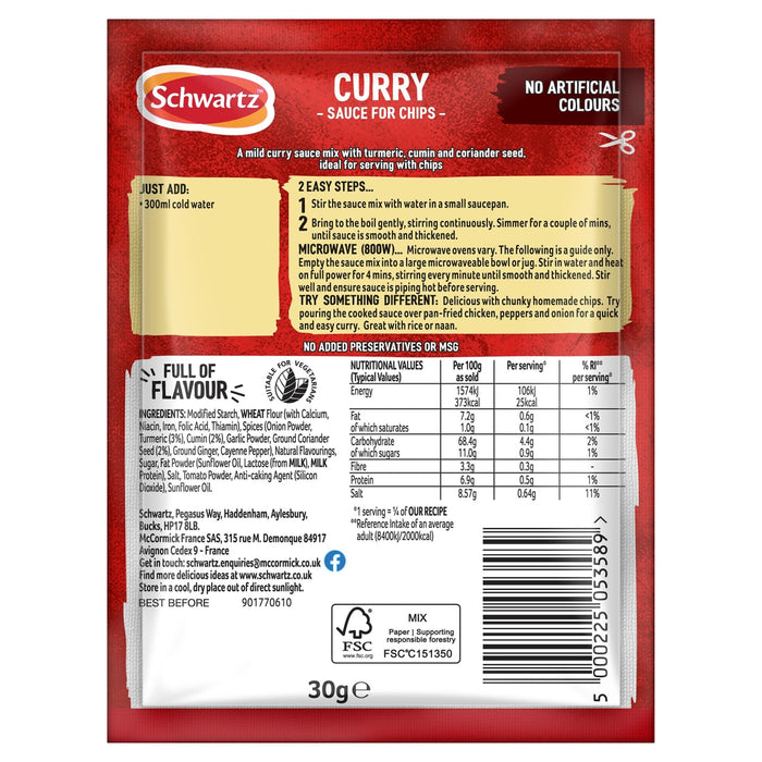 The back of a red and yellow packet of Schwartz Curry Sauce For Chips 30G provides detailed cooking instructions, nutritional information, and a full list of ingredients including turmeric and cumin.