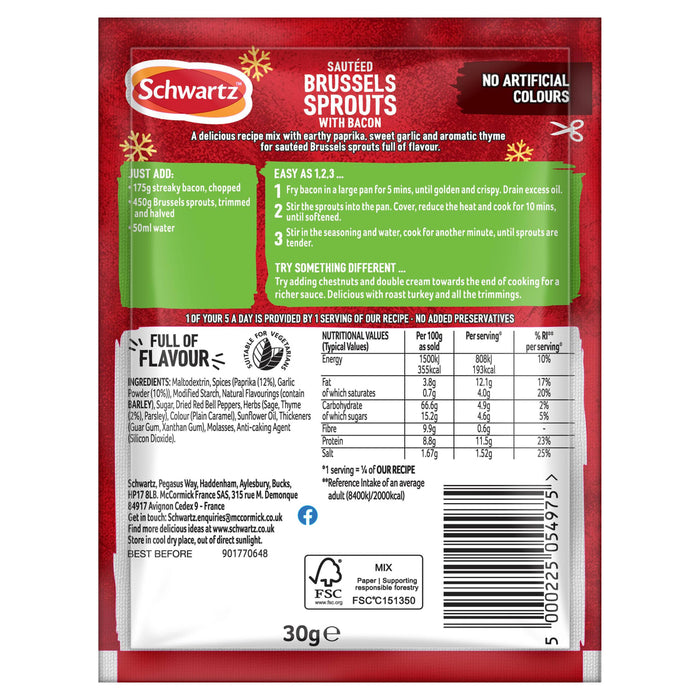 The back of a red and green packet of Schwartz Christmas Limited Edition Sautéed Brussels Sprouts With Bacon 30G provides cooking instructions, nutritional values, and a full list of ingredients.