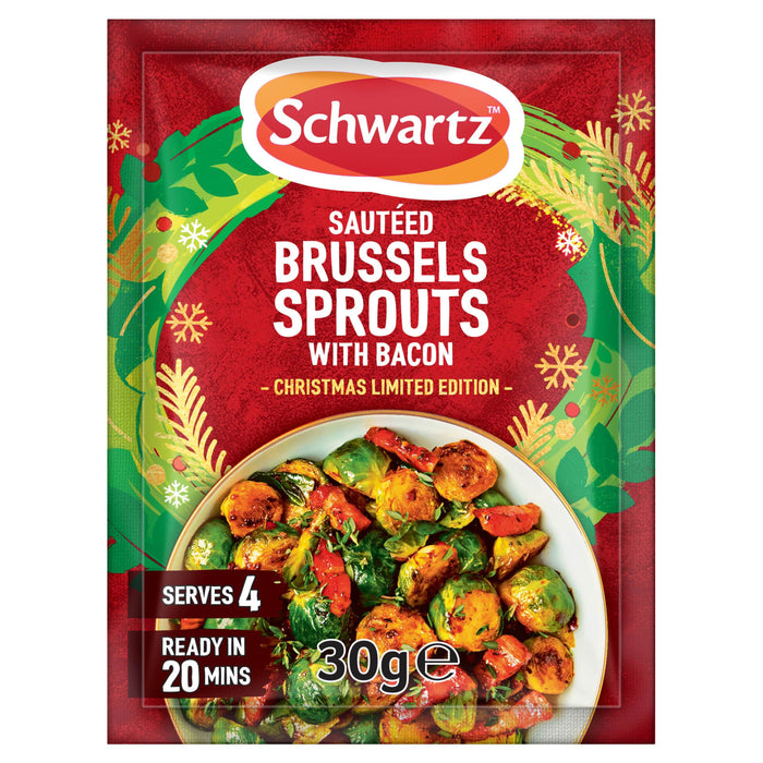 A festive red and green packet of Schwartz Christmas Limited Edition Sautéed Brussels Sprouts With Bacon 30G featuring a bowl of seasoned sprouts and bacon bits.