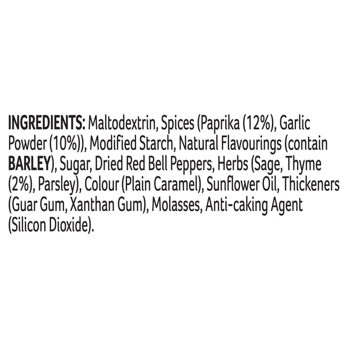 A detailed ingredient list for the Schwartz Christmas Limited Edition Sautéed Brussels Sprouts With Bacon 30G including maltodextrin, paprika, garlic powder, and natural flavorings containing barley.