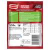 The back of a packet of Schwartz Christmas Limited Edition Crispy Roast Potatoes 38G featuring cooking instructions and nutritional information on a festive red background with snowflake patterns.