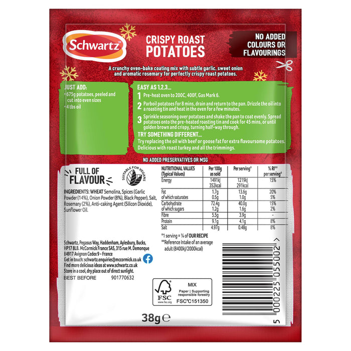 The back of a packet of Schwartz Christmas Limited Edition Crispy Roast Potatoes 38G featuring cooking instructions and nutritional information on a festive red background with snowflake patterns.