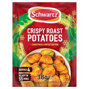 A packet of Schwartz Christmas Limited Edition Crispy Roast Potatoes 38G featuring a festive red and green design with a bowl of golden seasoned potatoes.