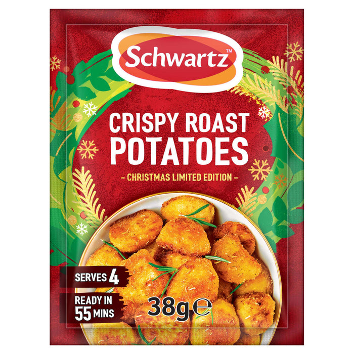 A packet of Schwartz Christmas Limited Edition Crispy Roast Potatoes 38G featuring a festive red and green design with a bowl of golden seasoned potatoes.