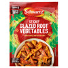 A packet of Schwartz Christmas Limited Edition Sticky Glazed Root Vegetables 30G featuring a festive design and a serving suggestion of roasted carrots and parsnips.