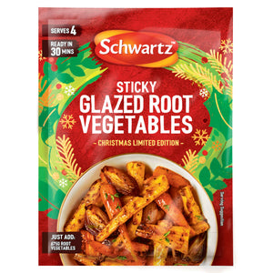 A packet of Schwartz Christmas Limited Edition Sticky Glazed Root Vegetables 30G featuring a festive design and a serving suggestion of roasted carrots and parsnips.
