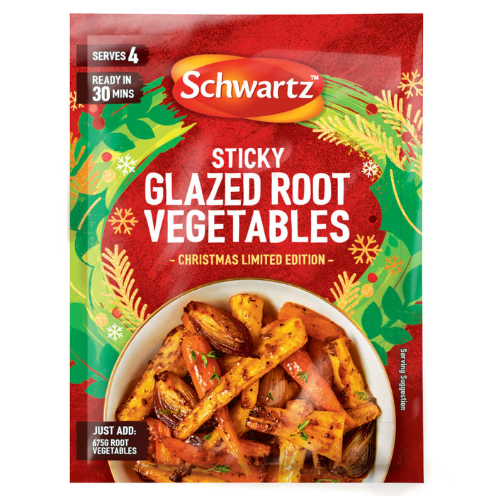A packet of Schwartz Christmas Limited Edition Sticky Glazed Root Vegetables 30G featuring a festive design and a serving suggestion of roasted carrots and parsnips.