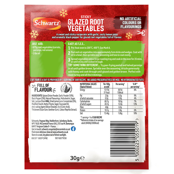 A back of pack view of Schwartz Christmas Limited Edition Sticky Glazed Root Vegetables 30G featuring cooking instructions and nutritional information for this festive recipe mix.