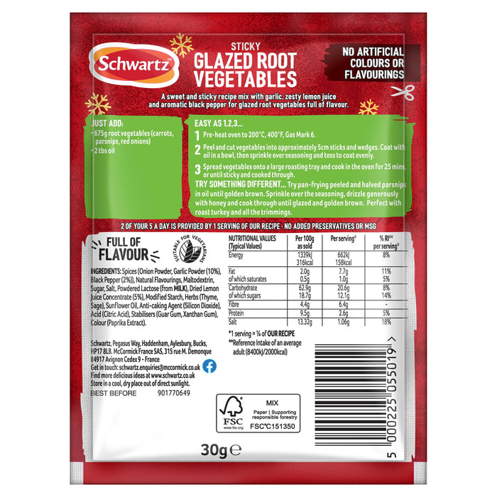 A back of pack view of Schwartz Christmas Limited Edition Sticky Glazed Root Vegetables 30G featuring cooking instructions and nutritional information for this festive recipe mix.