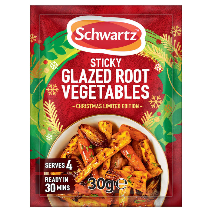 A festive red and green packet of Schwartz Christmas Limited Edition Sticky Glazed Root Vegetables 30G featuring a bowl of roasted carrots and parsnips that serves four and is ready in 30 minutes.
