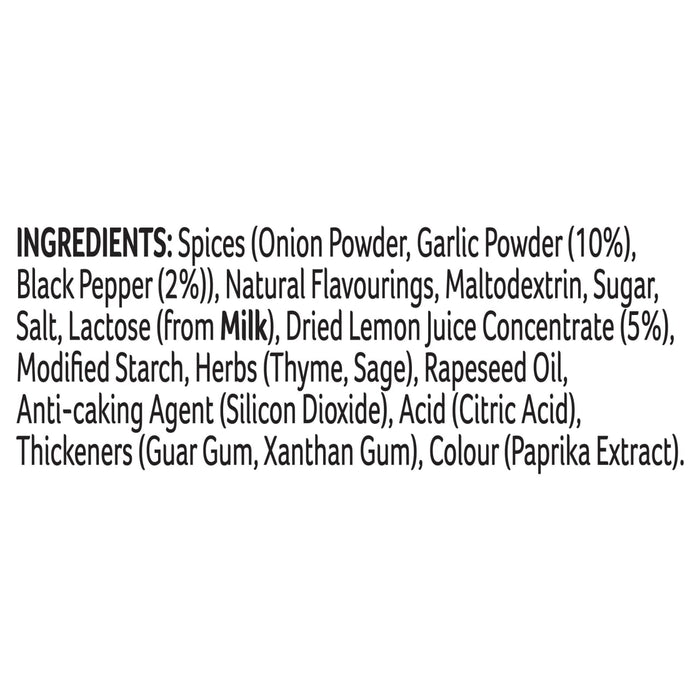 The ingredient list for Schwartz Christmas Limited Edition Sticky Glazed Root Vegetables 30G includes spices like onion powder and garlic powder along with natural flavourings, sugar, salt, and dried lemon juice concentrate.