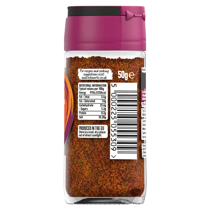 The back of a glass jar of Schwartz Paprika & Onion Chicken Seasoning 50G, showing the nutritional information, barcode, and storage instructions against a white background.