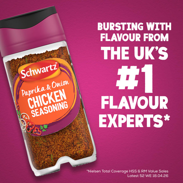A promotional graphic for Schwartz Paprika & Onion Chicken Seasoning 50G featuring a bottle of the spice blend against a vibrant purple background with text claiming it is from the UKs number one flavour experts.