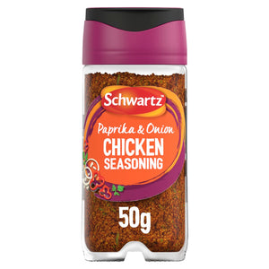A clear glass jar of Schwartz Paprika & Onion Chicken Seasoning 50G is shown against a white background, featuring a purple and black lid.