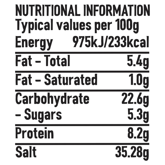 The nutritional information table for Schwartz Paprika & Onion Chicken Seasoning 50G, listing the typical values per 100g for energy, fat, carbohydrates, protein, and salt.