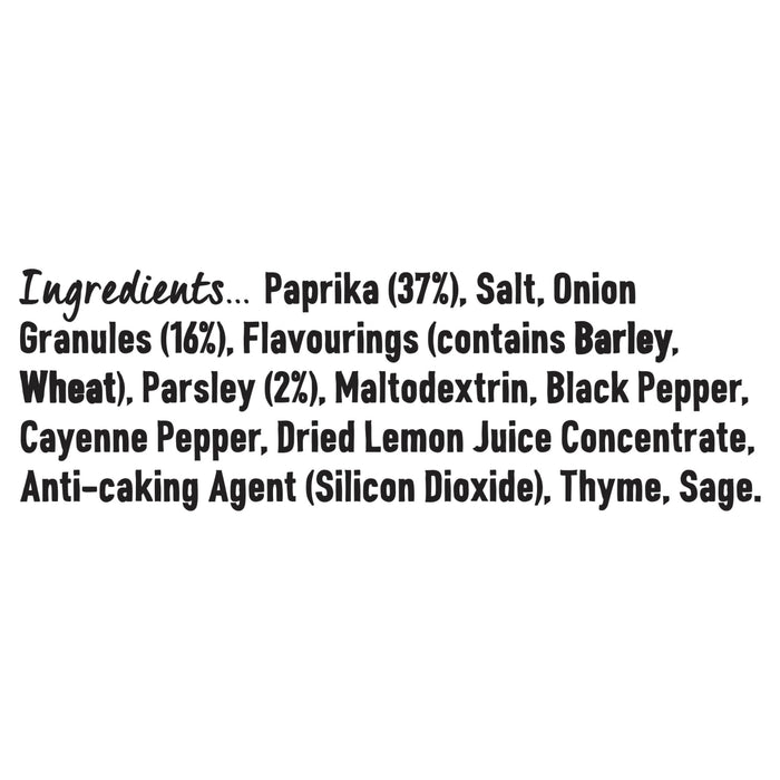 A close-up image shows the ingredients list for Schwartz Paprika & Onion Chicken Seasoning 50G, detailing components like paprika, salt, onion granules, and various herbs.