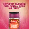 A jar of Schwartz Paprika & Onion Chicken Seasoning 50G is displayed against a pink textured background with text highlighting that it is expertly blended with paprika, onion, and parsley.