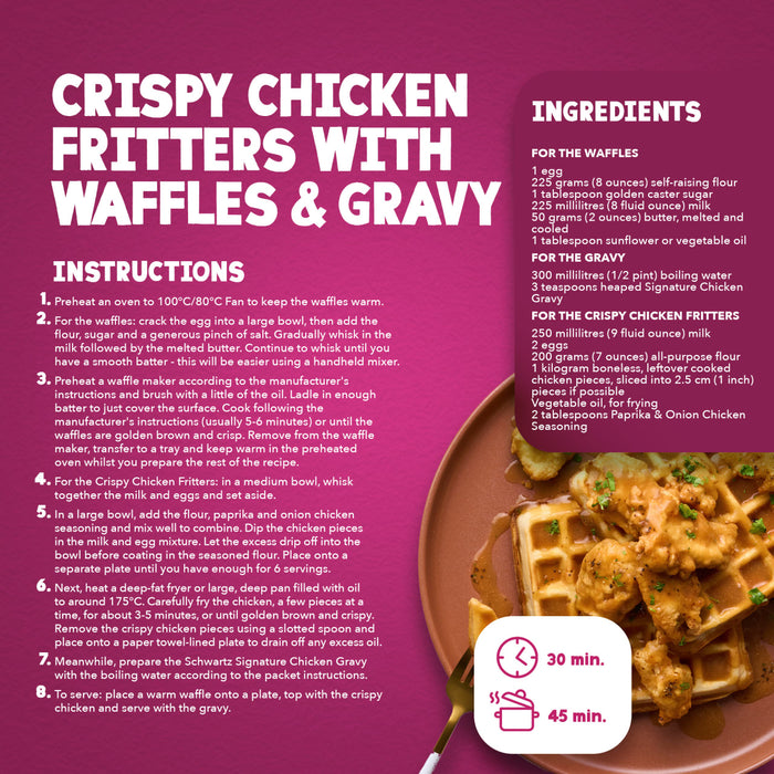 This recipe infographic for crispy chicken fritters with waffles and gravy features the use of Schwartz Paprika & Onion Chicken Seasoning 50G to flavor the chicken coating.