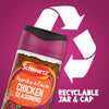 An infographic featuring a large white recycling symbol and text highlighting the recyclable jar and cap of Schwartz Paprika & Onion Chicken Seasoning 50G.