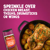 A bottle of Schwartz Paprika & Onion Chicken Seasoning 50G is displayed next to a cast iron pan containing a roasted whole chicken and golden potatoes to show how it can be sprinkled over various chicken cuts.
