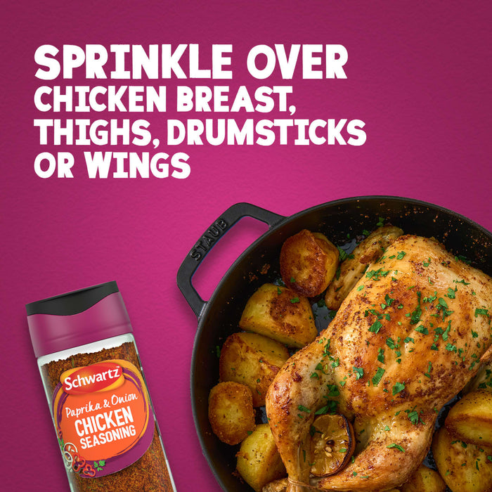 A bottle of Schwartz Paprika & Onion Chicken Seasoning 50G is displayed next to a cast iron pan containing a roasted whole chicken and golden potatoes to show how it can be sprinkled over various chicken cuts.