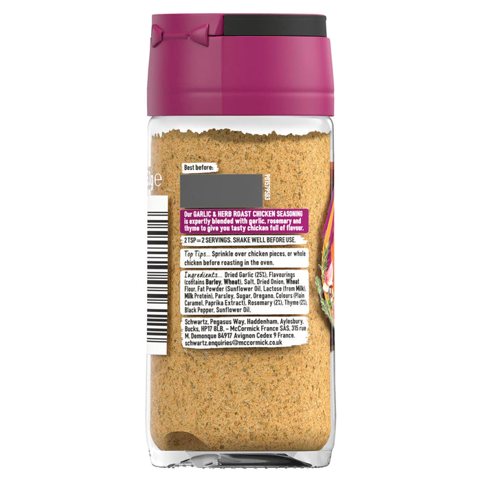 A clear glass jar of Schwartz Garlic & Herb Roast Chicken Seasoning 53G showing the back label with ingredients and usage instructions against a white background.