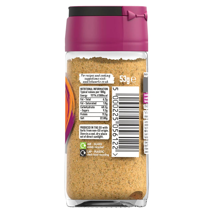 A back view of the jar for Schwartz Garlic & Herb Roast Chicken Seasoning 53G showing the nutritional information and recycling symbols on the label.