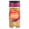 A clear glass jar of Schwartz Garlic & Herb Roast Chicken Seasoning 53G featuring a purple and orange label with illustrations of garlic cloves and rosemary