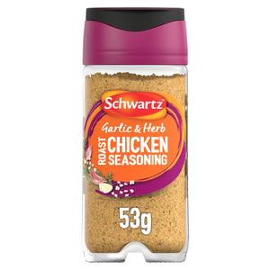 A clear glass jar of Schwartz Garlic & Herb Roast Chicken Seasoning 53G featuring a purple and orange label with illustrations of garlic cloves and rosemary