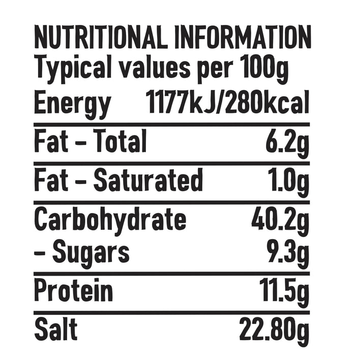 A nutritional information table for Schwartz Garlic & Herb Roast Chicken Seasoning 53G detailing typical values per 100g including 280 calories and 22.80g of salt.
