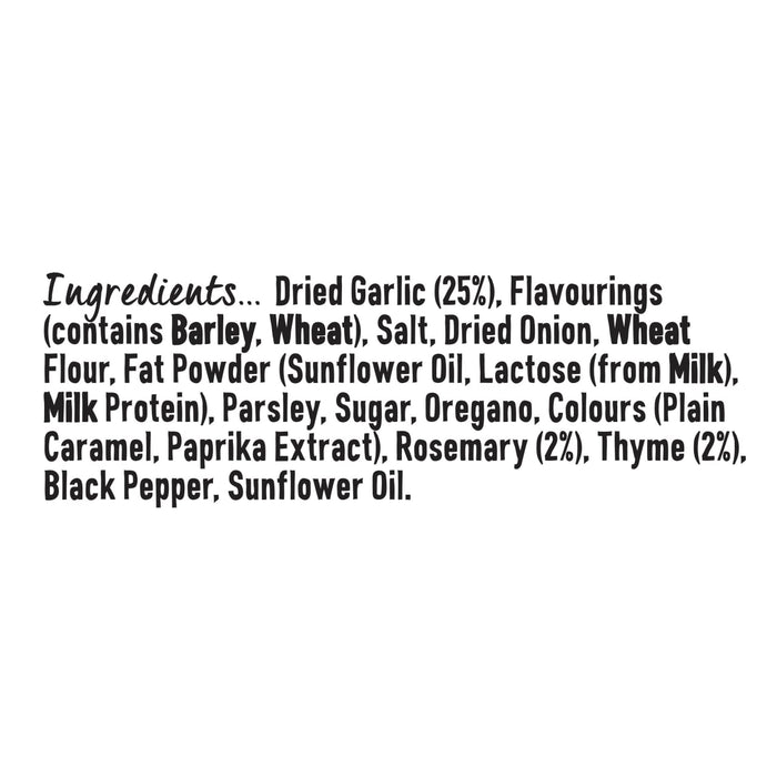 A list of ingredients for Schwartz Garlic and Herb Roast Chicken Seasoning 53G including dried garlic, flavourings with barley and wheat, salt, dried onion, wheat flour, fat powder, parsley, sugar, oregano, colours, rosemary, thyme, black pepper, and sunflower oil.