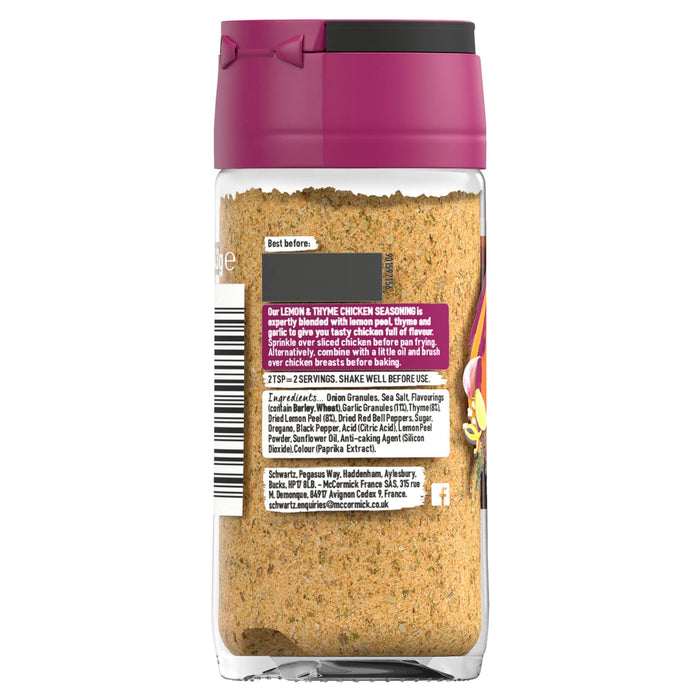 The back label of a jar of Schwartz Lemon and Thyme Chicken Seasoning 43G displays the ingredients list and cooking instructions for a blend of lemon peel, thyme, and garlic.
